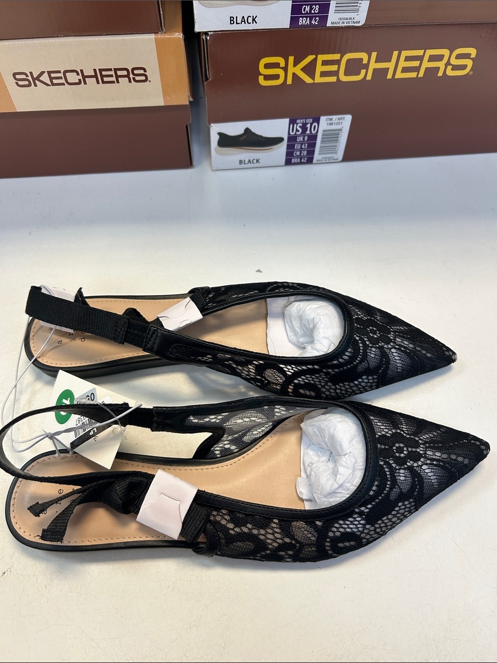 Skechers Black Lace Pointed Slingback Flats - Women's 20506